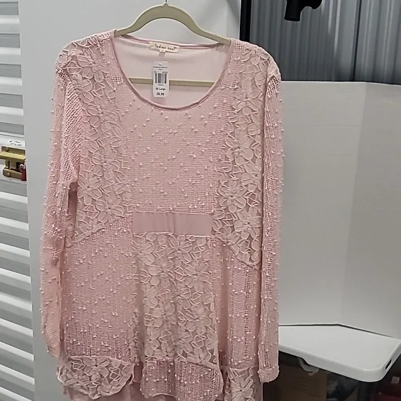 Indigo Soul Women's Lined Lace Layered Tunic 2XL Sequin Detail Long Sleeves Pink - Picture 2 of 10